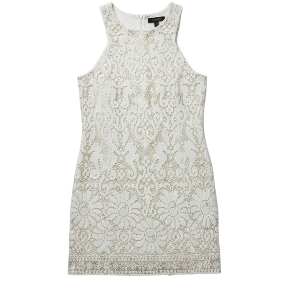 Lilly Pulitzer Shift Dress White Gold Metallic Lace Cut Out Seahorse Size 14